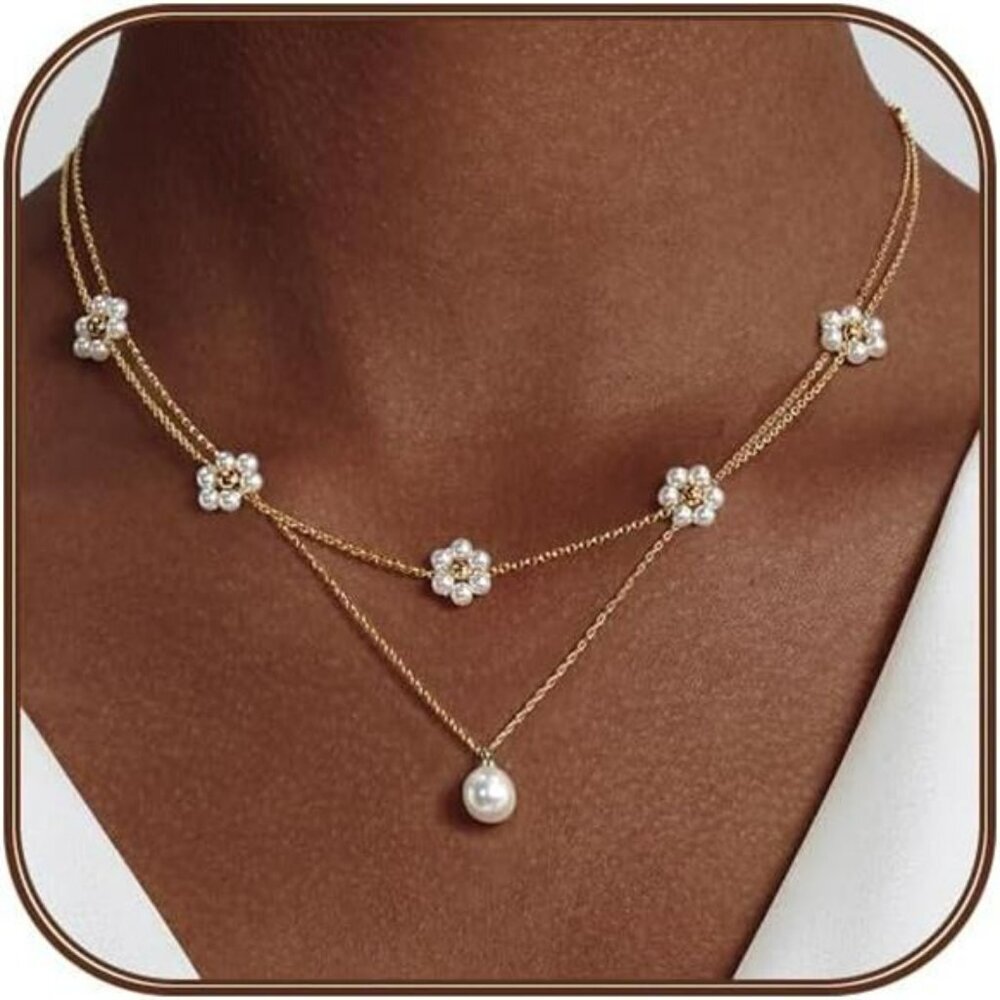 Gold Pearl Necklace Set Daisy Choker Layered Pendant Jewelry Gift for Women